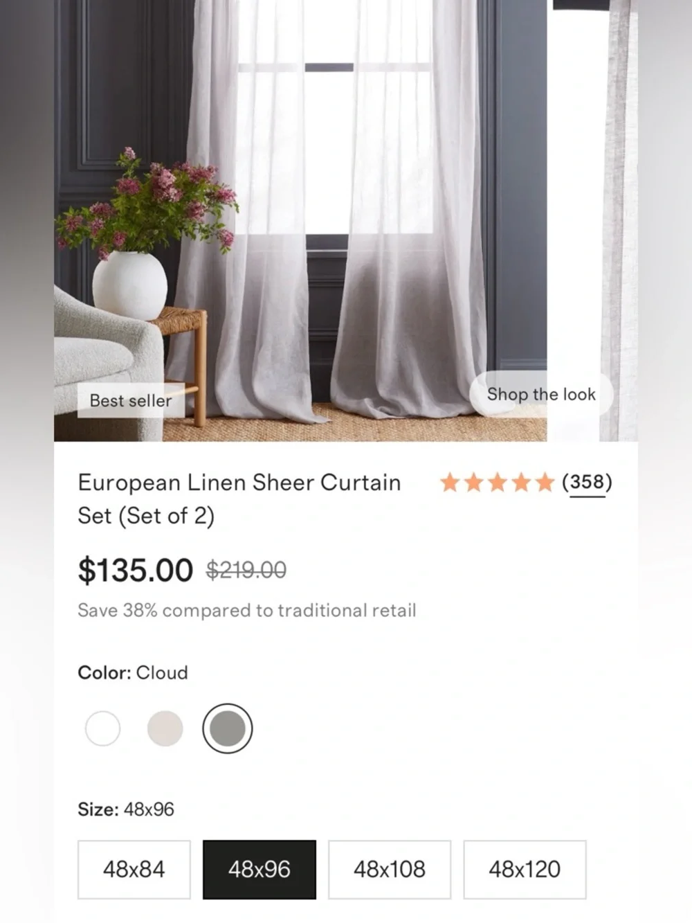 Quince European Linen Sheer Curtains Set of 2 Cloud 48x96